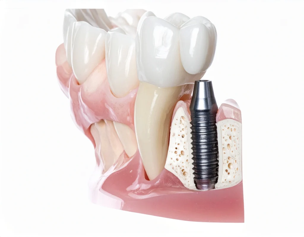 Close-up cross-section of a dental implant integrated into jawbone