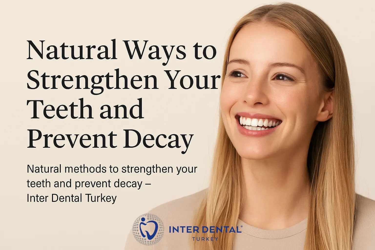 Smiling woman with healthy white teeth after natural dental care and enamel strengthening in Antalya, Turkey – Inter Dental Turkey