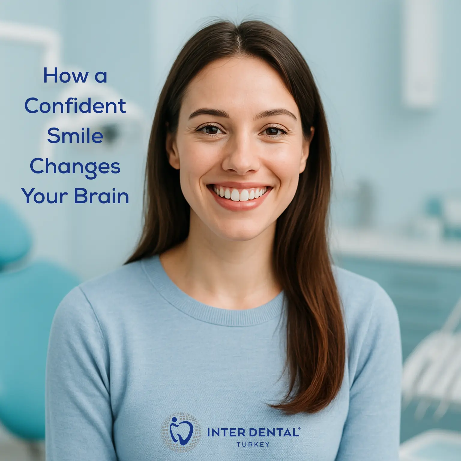 Confident woman smiling in a modern dental clinic, symbolizing the psychology of smiling, mental health, and happiness.