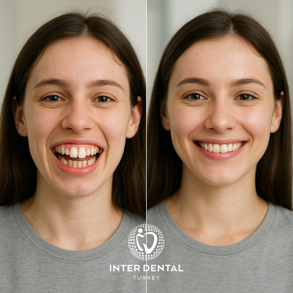 Vooruitstaande tanden voor en na behandeling bij Inter Dental Turkey