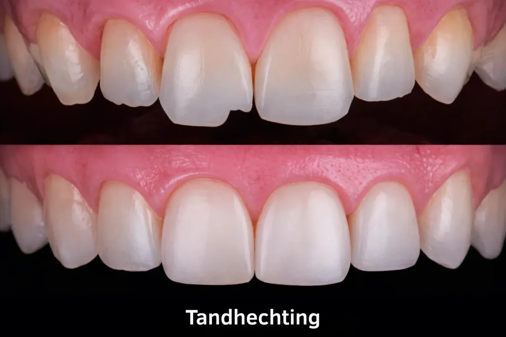 Voor-en-na vergelijking van composiet bonding met verbeterde tandvorm, randen en glimlachsymmetrie