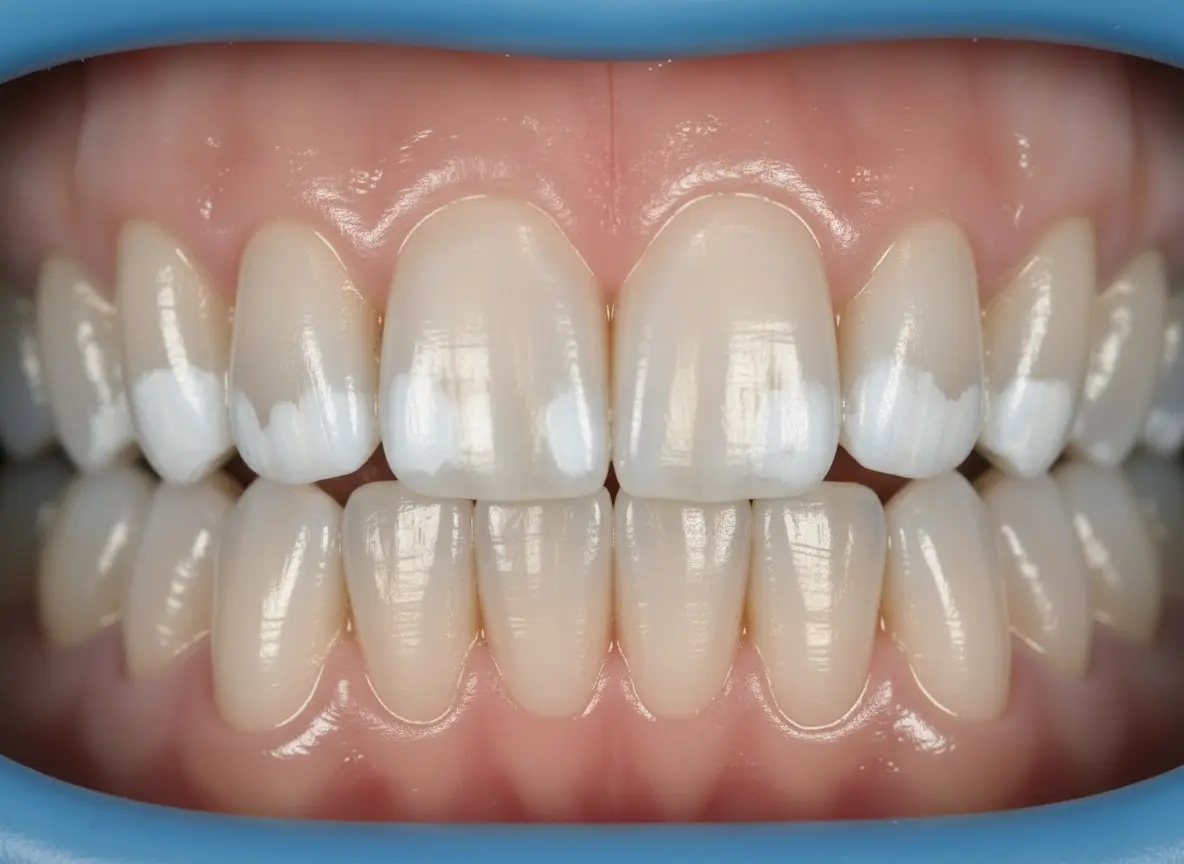 مثال على بقع بيضاء أو مناطق طباشيرية على مينا الأسنان