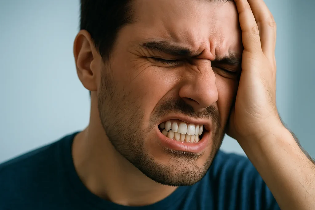 Bruxisme : serrement des dents et tension de la mâchoire la nuit, avec douleur au réveil