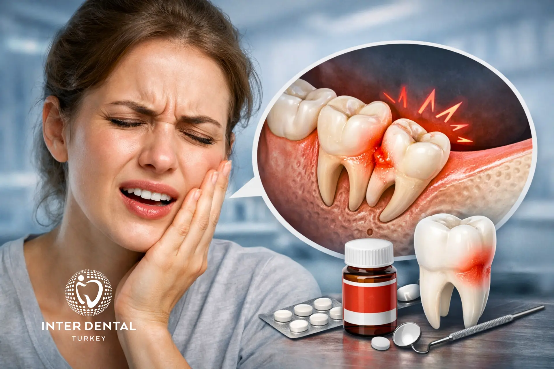 Mujer con dolor de muela del juicio y una ilustración de una muela del juicio incluida e inflamada con señales de alerta de infección