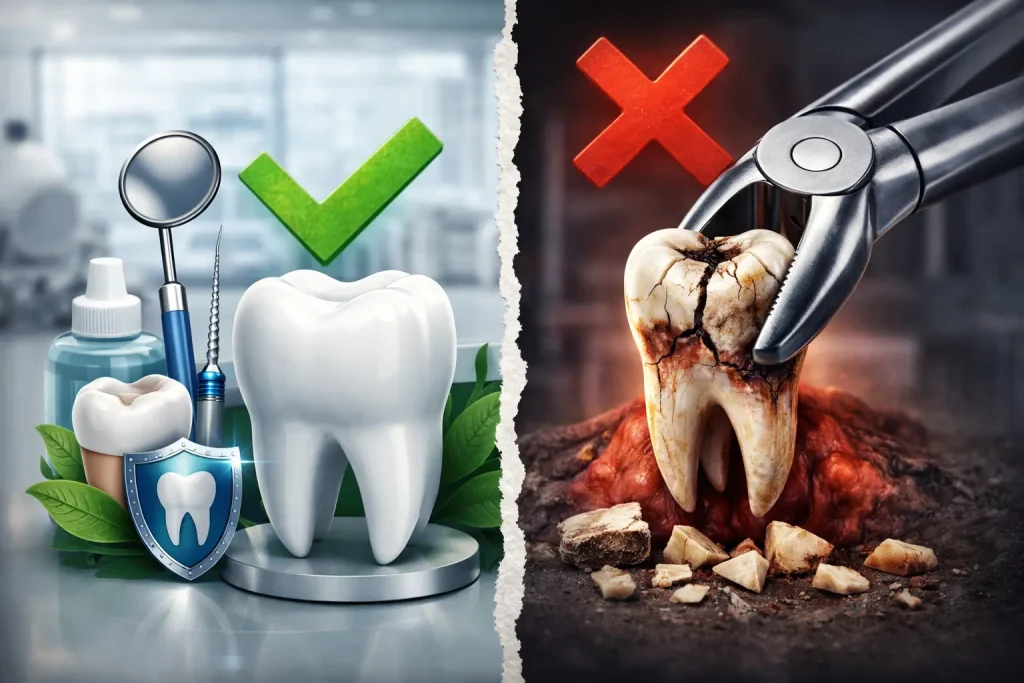 Illustration montrant quand une dent peut être conservée et quand une extraction devient nécessaire