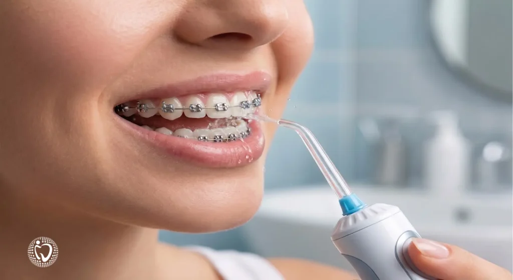 Patiënt gebruikt een monddouche (waterflosser) om moeilijk bereikbare plekken rond een beugel en onder een tandbrug te reinigen