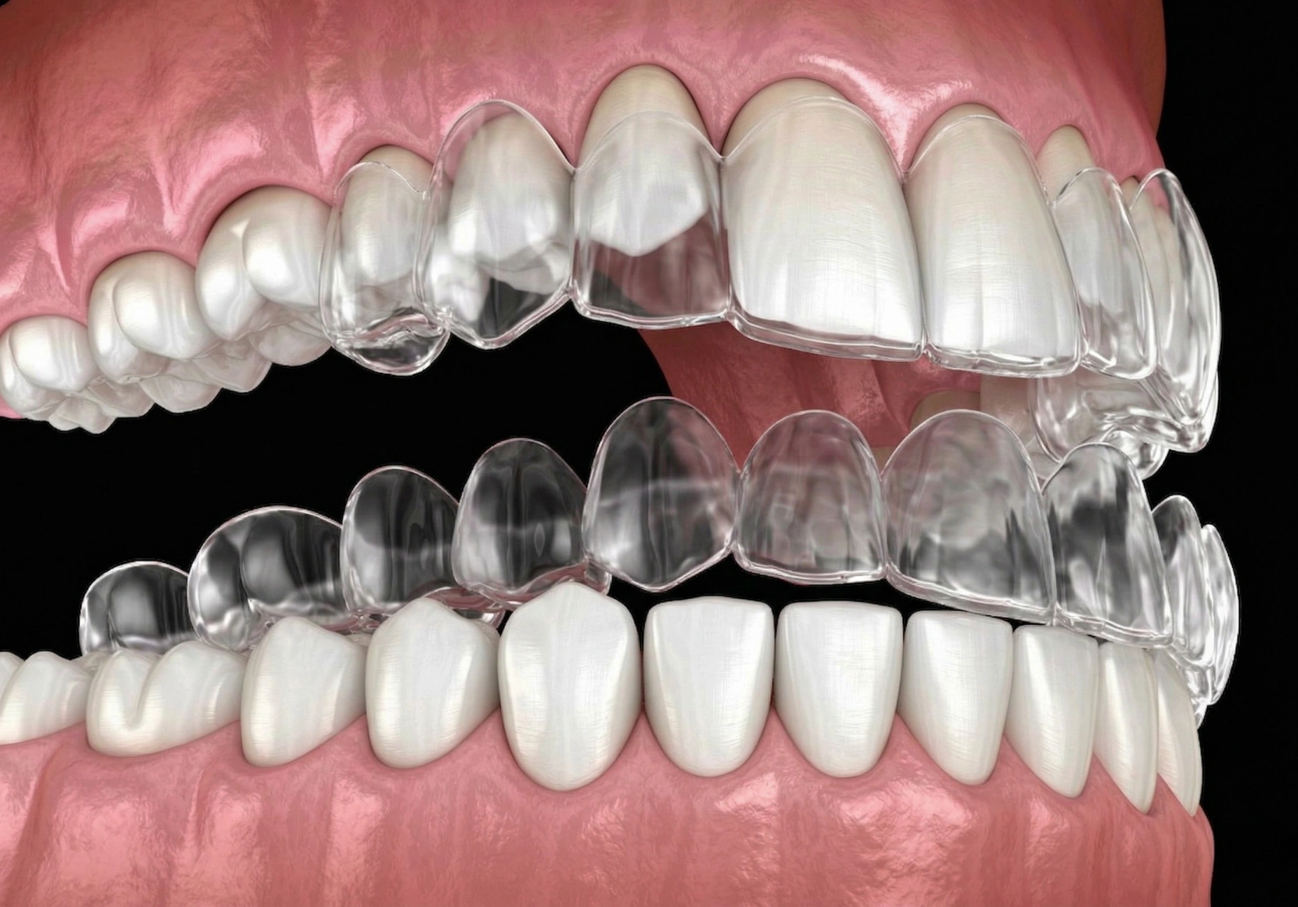 3D dental model demonstrating how Invisalign clear aligners perfectly fit over the upper and lower teeth.