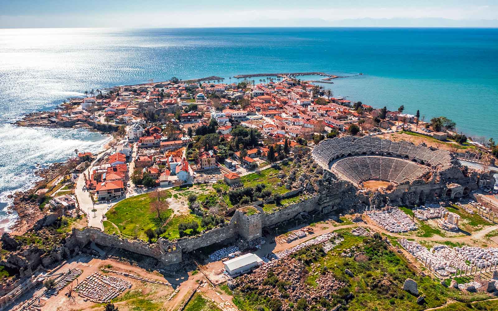 Panoramic view of Side ancient harbour and Mediterranean coast
